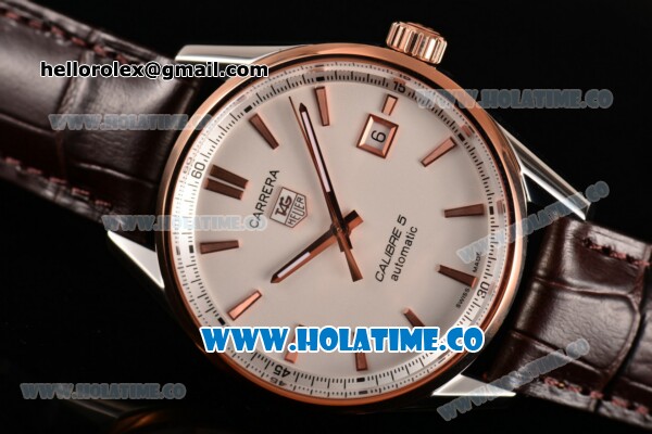 Tag Heuer Carrera Calibre 5 Automatic Swiss ETA 2824 Automatic Steel Case with White Dial Stick Markers and Rose Gold Bezel - Click Image to Close